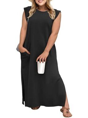 Women's Plus Size Maxi Dress Summer Casual Cap Sleeve Split Long Dress